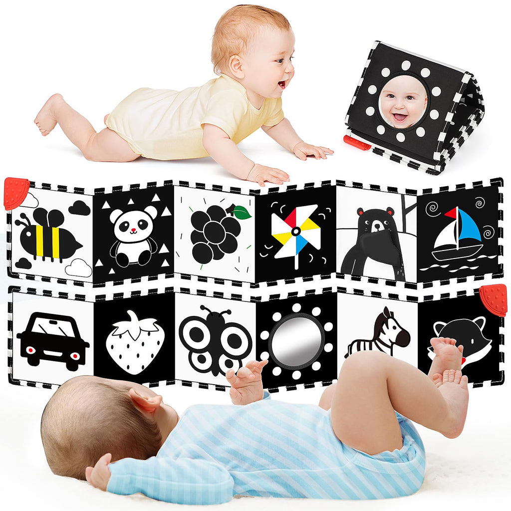 Baby Tummy Time Book — High Contrast Sensory Toy with Mirror & Teether (0–12 Months)