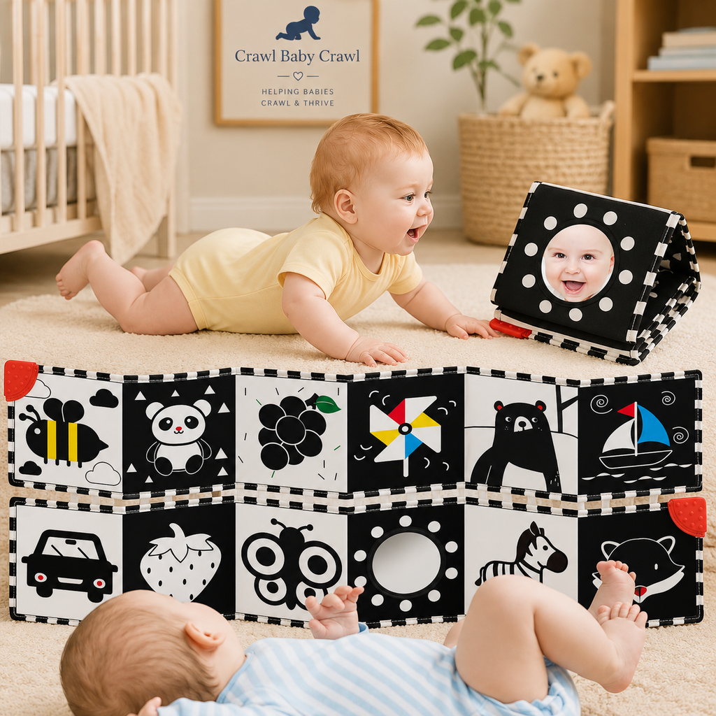 Baby Tummy Time Book — High Contrast Sensory Toy with Mirror & Teether (0–12 Months)