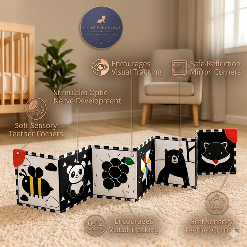 Baby Tummy Time Book — High Contrast Sensory Toy with Mirror & Teether (0–12 Months)