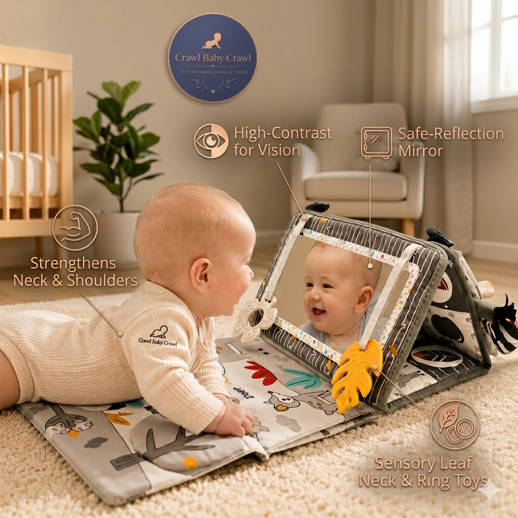 Baby Tummy Time Mirror Set — Sensory Toy with Crinkle Book & Teether (0–6 Months)