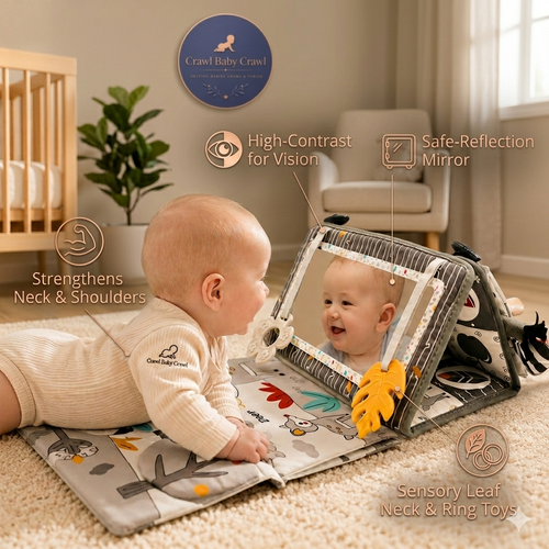 Baby Tummy Time Mirror Set — Sensory Toy with Crinkle Book & Teether (0–6 Months)