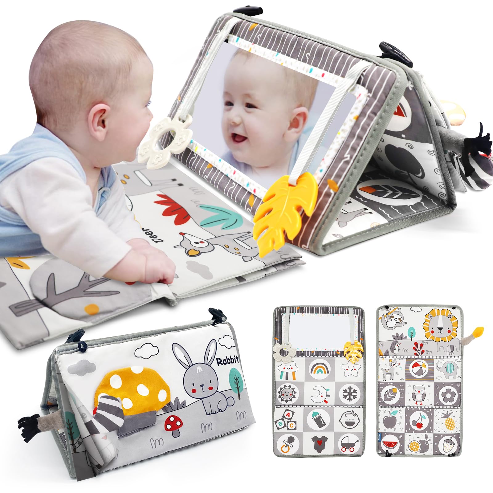 Baby Tummy Time Mirror Set — Sensory Toy with Crinkle Book & Teether (0–6 Months)